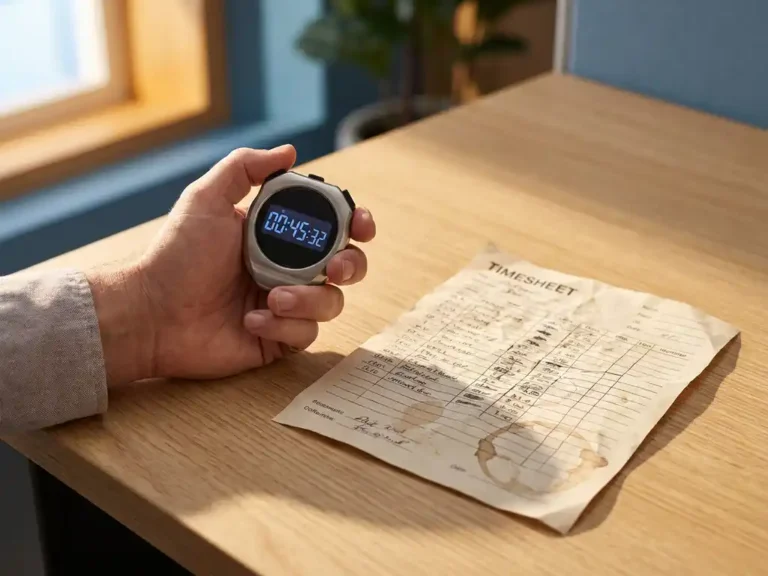 Zakenman houdt digitale stopwatch naast versleten papieren urenstaat op eiken bureau in helder kantoor