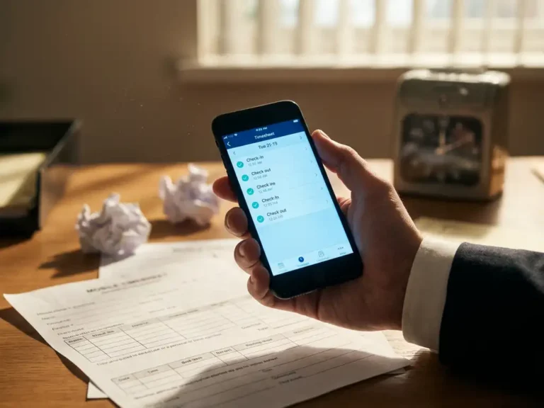 Zakenman houdt smartphone met digitale urenregistratie-app boven papieren urenstaten en vintage prikklok op houten bureau