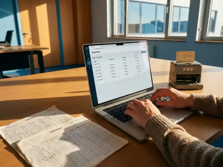 Laptop met digitale urenregistratie-interface op eiken bureau omringd door papieren urenstaten en prikklok