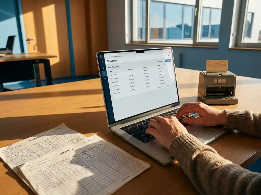 Laptop met digitale urenregistratie-interface op eiken bureau omringd door papieren urenstaten en prikklok