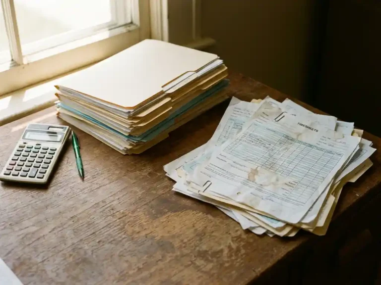 Houten bureau met georganiseerde stapel facturen naast calculator en verspreide administratieve documenten