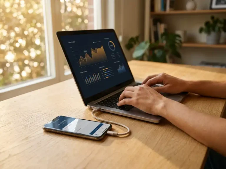 Laptop met financiële dashboard en smartphone met bankapp op eiken bureau, handen typen in warm natuurlijk licht
