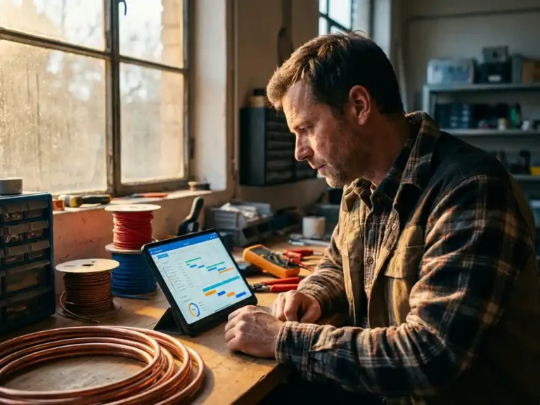 Installatietechnicus bekijkt projecttijdlijnen op tablet aan werkbank met koperen leidingen en elektrische kabels