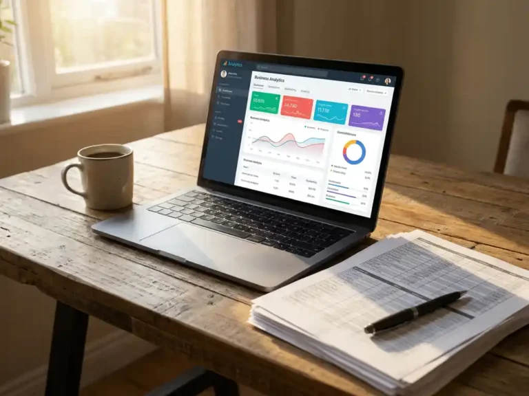 Laptop met kleurrijke bedrijfssoftware op houten bureau naast stapel Excel-spreadsheets en tijdregistratieformulieren