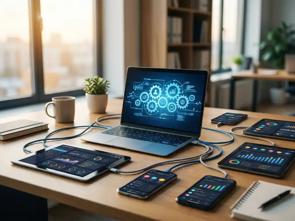 Laptop met tandwielen en datastromen op houten bureau, omringd door smartphones en tablets met zakelijke apps verbonden door kabels