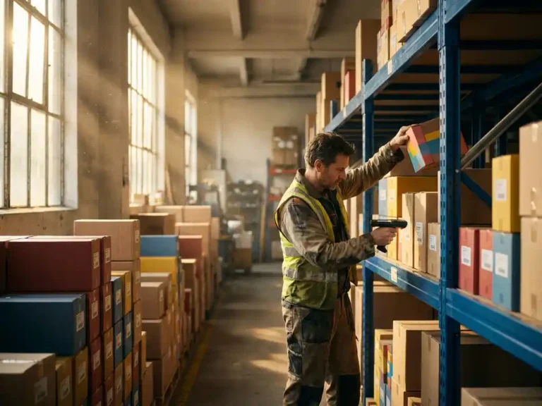 Magazijnmedewerker scant barcode op kleurrijke dozen in georganiseerde metalen stellingkasten met zonlicht door ramen