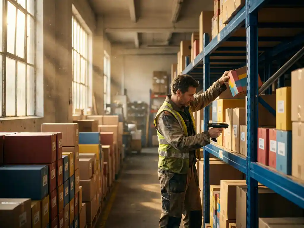 Magazijnmedewerker scant barcode op kleurrijke dozen in georganiseerde metalen stellingkasten met zonlicht door ramen