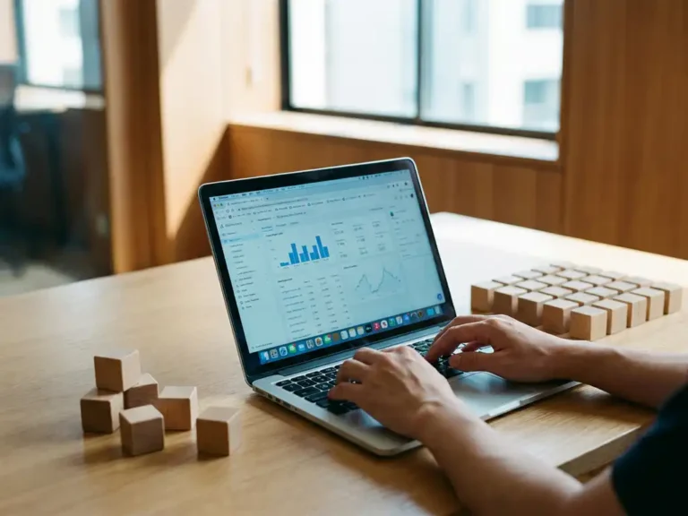 Modern kantoorbureau met houten blokken gerangschikt in groepen van vijf en vijfentwintig, laptop met software-interface, natuurlijk licht door ramen
