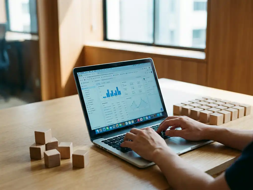 Modern kantoorbureau met houten blokken gerangschikt in groepen van vijf en vijfentwintig, laptop met software-interface, natuurlijk licht door ramen