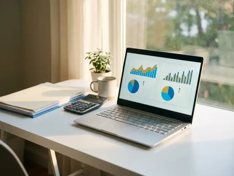 Laptop toont kleurrijke projectmanagement grafieken en financiële dashboards op wit bureau met boekhoudingsdocumenten en rekenmachine