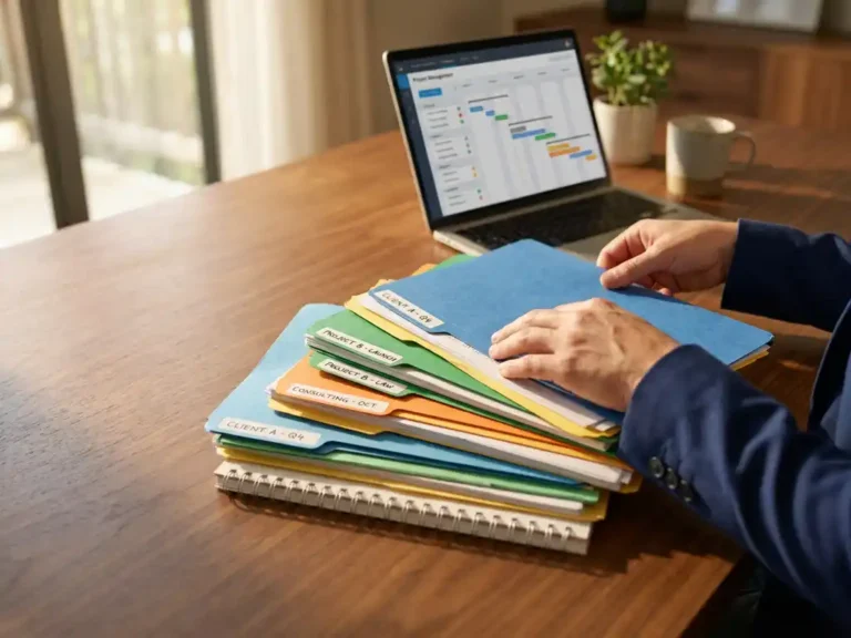 Handen van ondernemer organiseren kleurrijke projectmappen op houten bureau met laptop en projectbeheersoftware op achtergrond