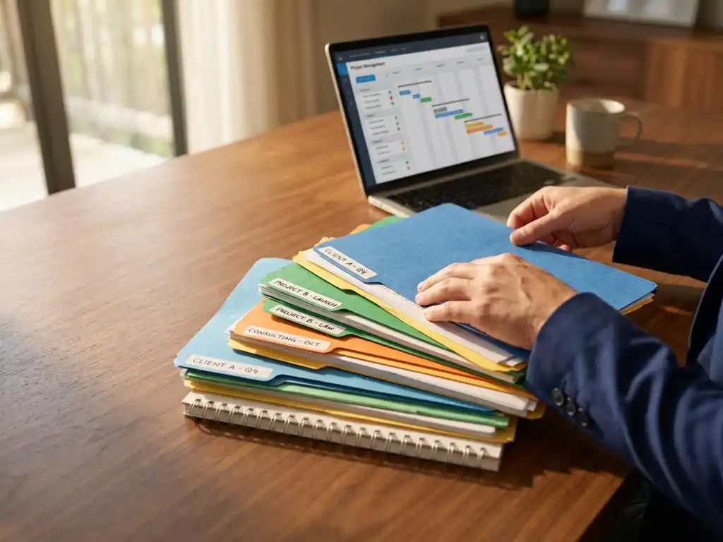 Handen van ondernemer organiseren kleurrijke projectmappen op houten bureau met laptop en projectbeheersoftware op achtergrond