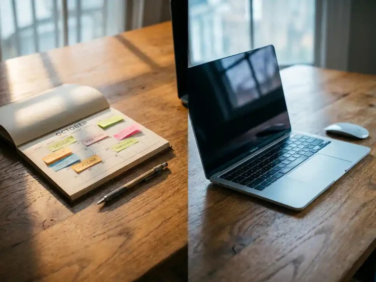 Houten bureau met papieren kalender en kleurige notities links, laptop en draadloze muis rechts in natuurlijk daglicht
