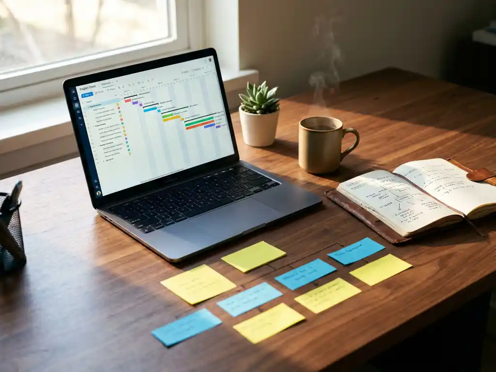 Houten bureau met laptop die kleurrijke projecttijdlijnen toont, leren planner, gele en blauwe sticky notes, en dampende koffiekop