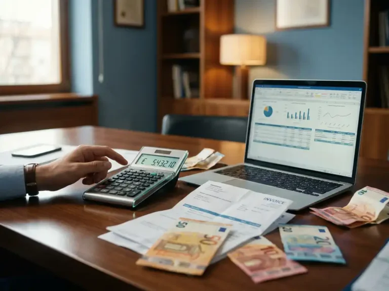 Moderne rekenmachine met financiële cijfers op houten bureau naast laptop met bedrijfssoftware en euro bankbiljetten