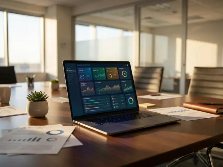 Moderne laptop met kleurrijk software dashboard op houten vergadertafel met documenten en plant in kantooromgeving