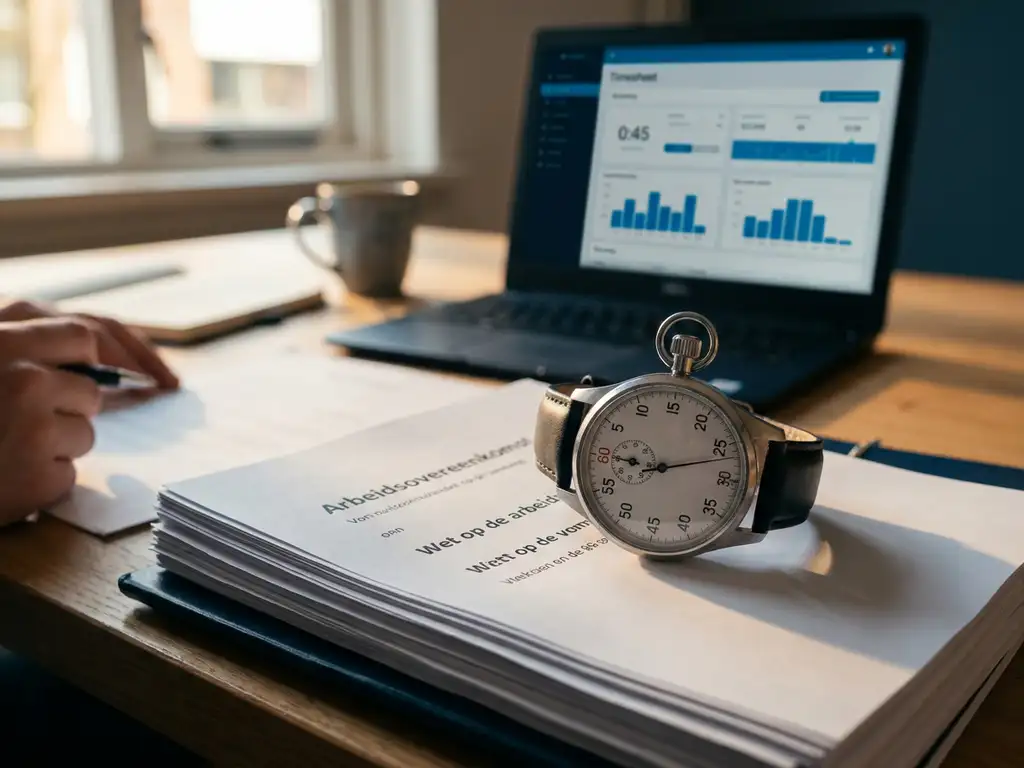 Zilveren stopwatch op stapel Nederlandse arbeidsrechtdocumenten naast laptop met tijdregistratiesoftware op kantoorbureau