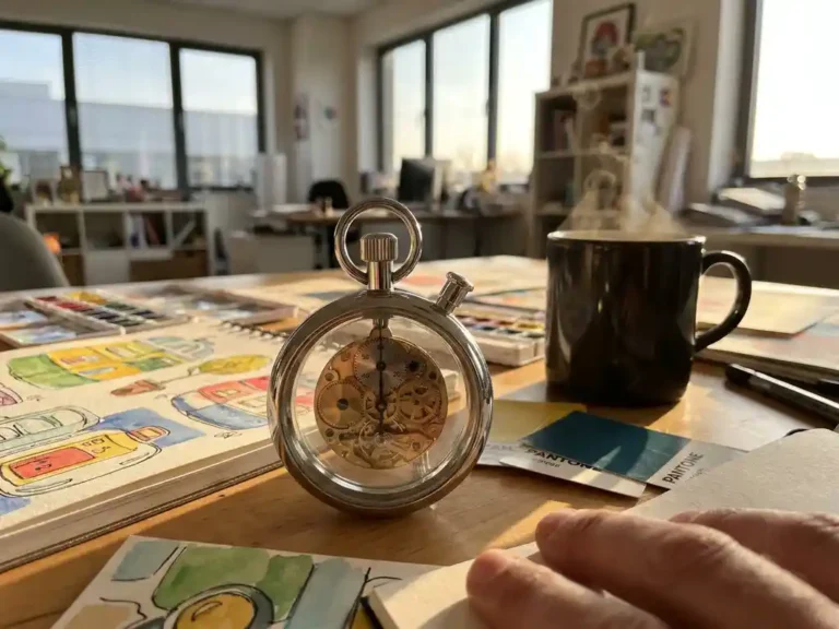 Moderne stopwatch met zichtbare messing tandwielen op creatief bureau met ontwerpschetsen, verfstalen en koffiekop