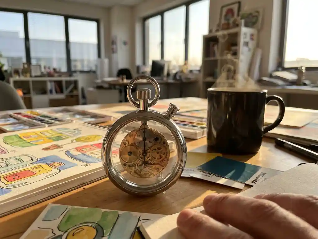 Moderne stopwatch met zichtbare messing tandwielen op creatief bureau met ontwerpschetsen, verfstalen en koffiekop