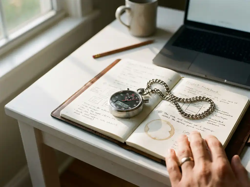 Moderne stopwatch met metalen ketting op open projectplanningsnotitieblok, laptop op achtergrond, natuurlijk licht