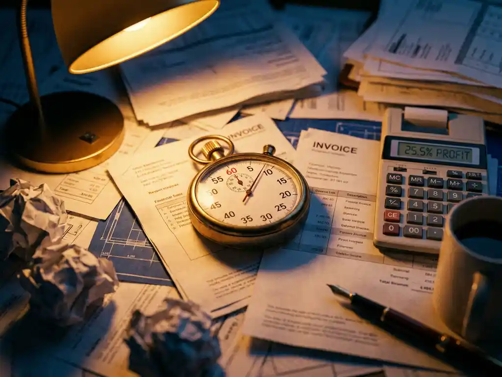Stopwatch op projectdocumenten met calculator en bureaulamp in kantooromgeving
