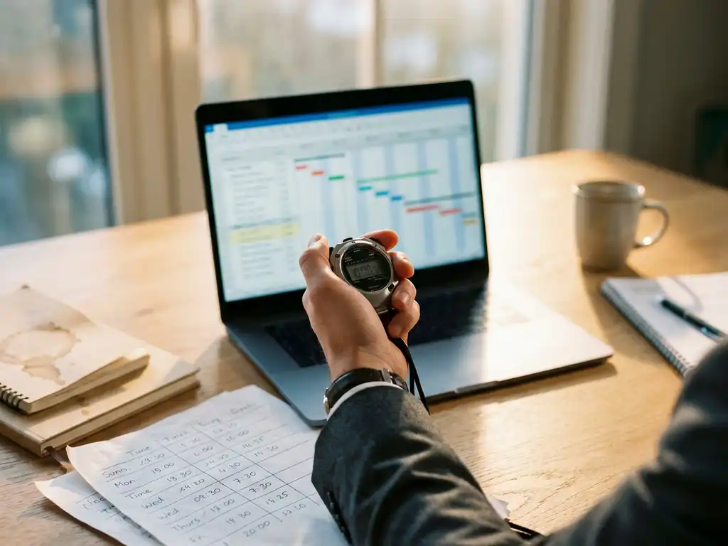 Zakenman houdt stopwatch boven laptop met projecttijdlijnen, papieren met tijdnotities op eiken bureau