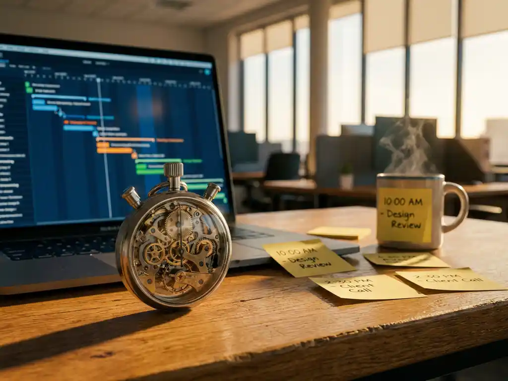 Stopwatch met zichtbare tandwielen op eiken bureau naast laptop met projecttijdlijnen, plaknotities en koffiekop