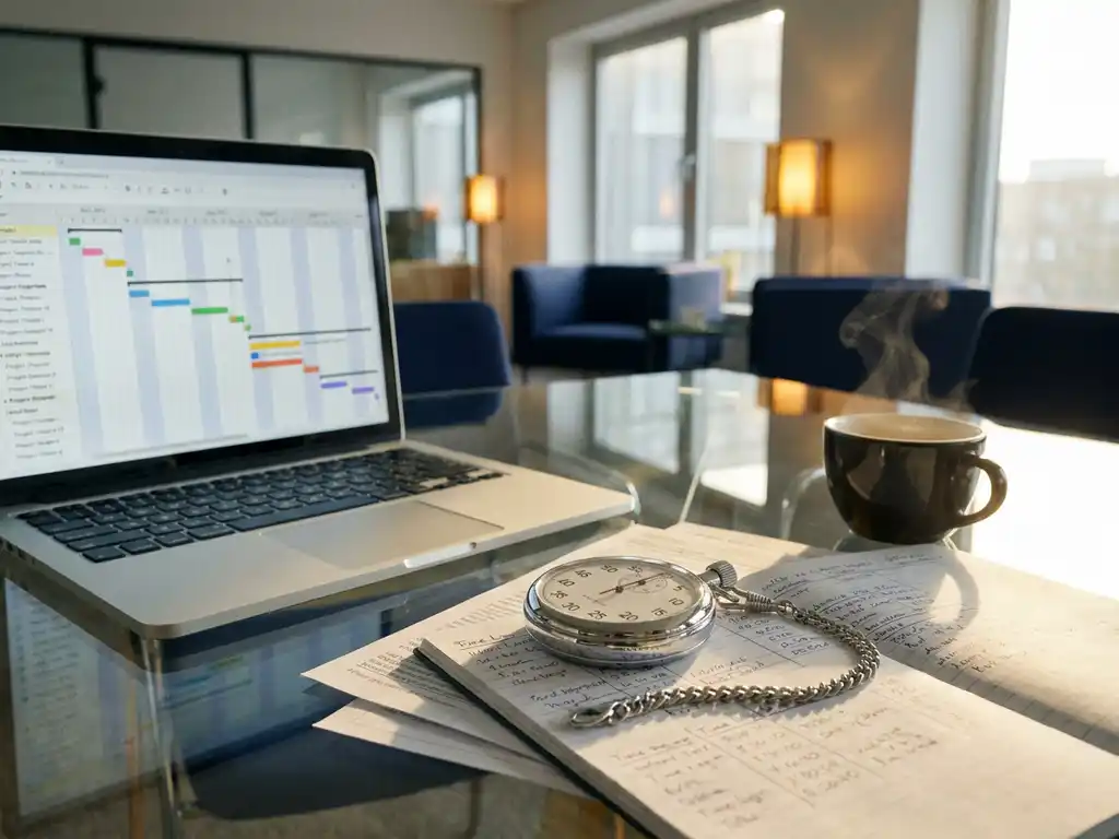 Zilveren stopwatch op glazen bureau naast laptop met projecttijdlijnen, handgeschreven logboeken en dampende koffiekop