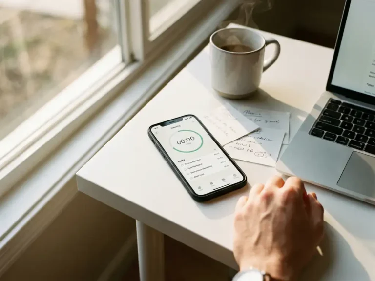 Smartphone met tijdregistratie-app op wit bureau naast laptop, koffiekopje en notities in natuurlijk licht