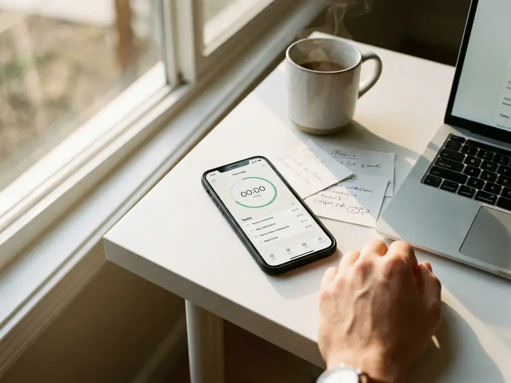 Smartphone met tijdregistratie-app op wit bureau naast laptop, koffiekopje en notities in natuurlijk licht