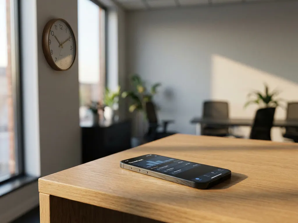 Smartphone met digitale urenregistratie-app op eiken bureau naast analoge wandklok in professioneel kantoor