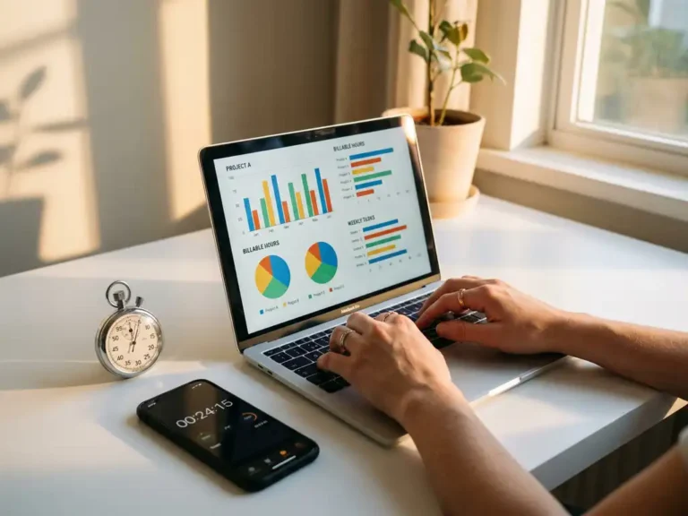 Witte bureau met laptop met tijdregistratie-grafieken, smartphone met timer-app en analoge stopwatch in gouden zonlicht