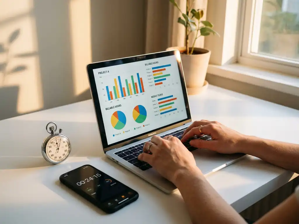 Witte bureau met laptop met tijdregistratie-grafieken, smartphone met timer-app en analoge stopwatch in gouden zonlicht