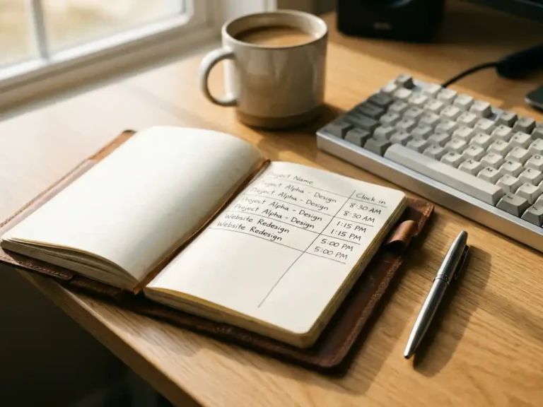 Opengeslagen leren tijdregistratieboek met handgeschreven projectgegevens op modern kantoorbureau met pen, toetsenbord en koffiekop