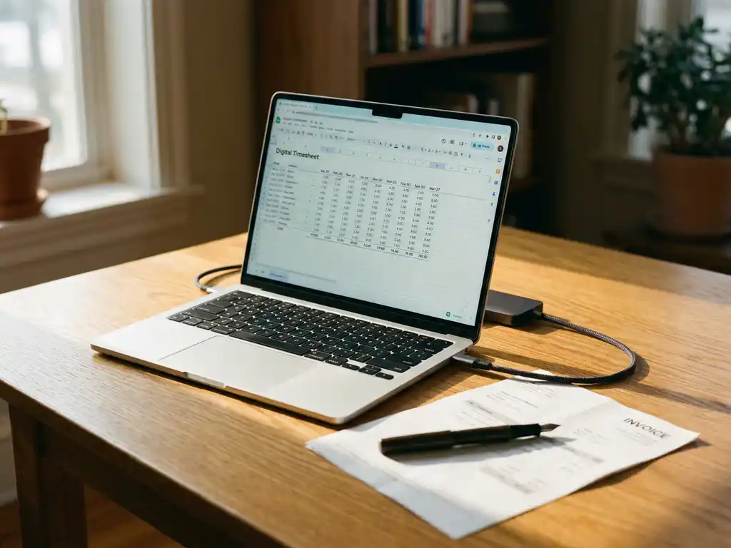 Laptop met digitale urenregistratie-interface op houten bureau naast gedrukte factuur en vulpen in kantooromgeving