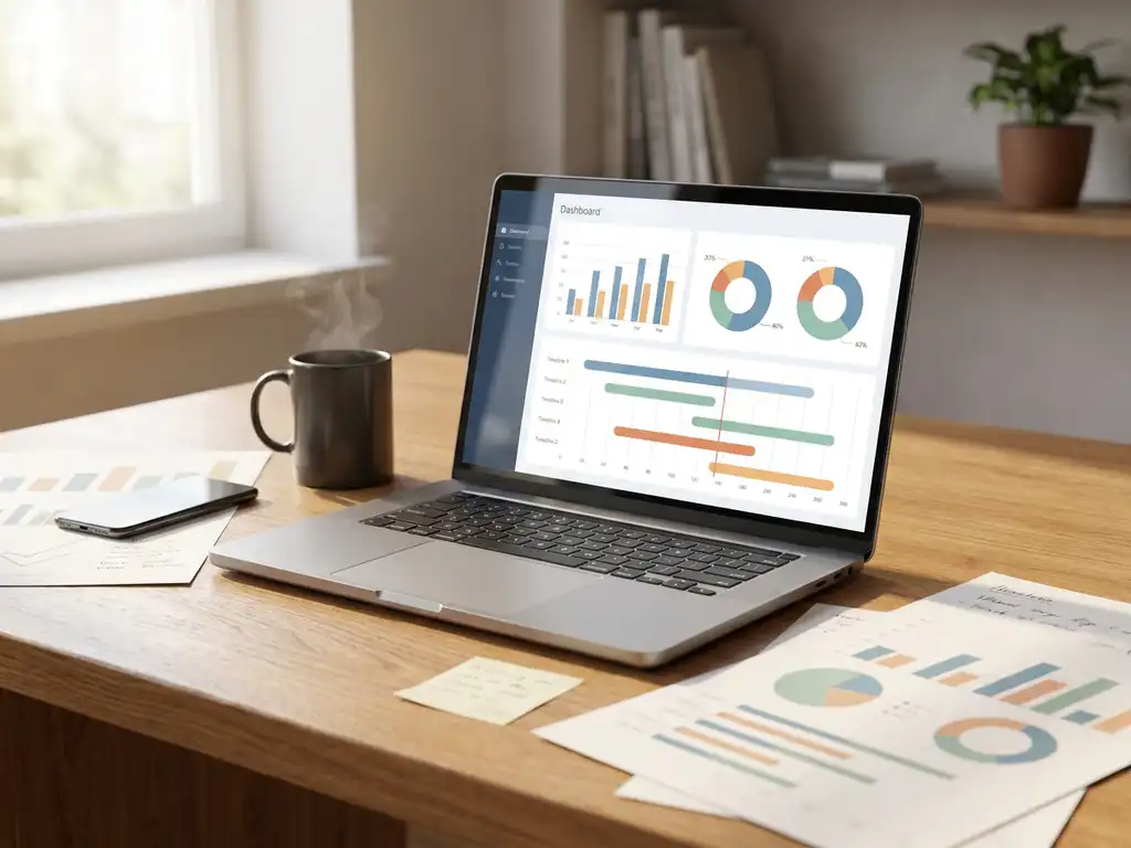 Laptop met kleurrijke tijdregistratie dashboards op houten bureau met vergelijkingsgrafieken, koffiekopje en smartphone