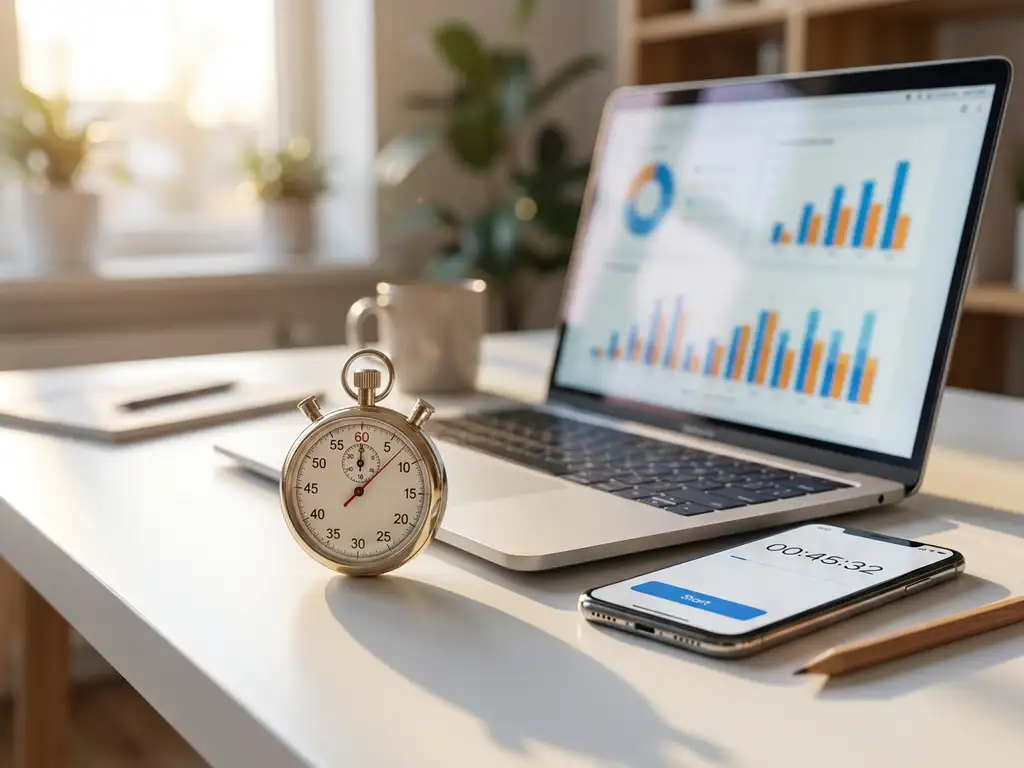 Moderne stopwatch op wit bureau naast laptop met tijdregistratie-grafieken en smartphone met time-tracking app