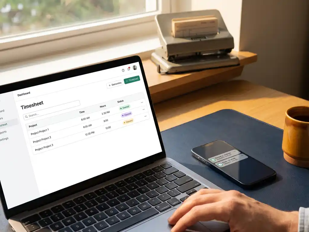 Moderne kantoorbureau met laptop die digitale urenregistratie-interface toont, smartphone met klok-in notificaties en traditionele prikklok op achtergrond