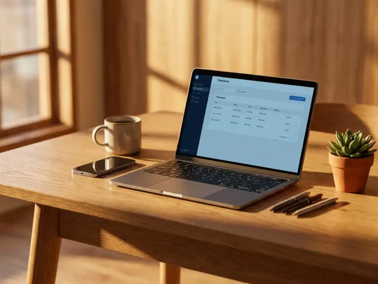 Laptop met digitale urenregistratie-interface op eiken bureau met smartphone, koffiekop en vetplant in gouden zonlicht