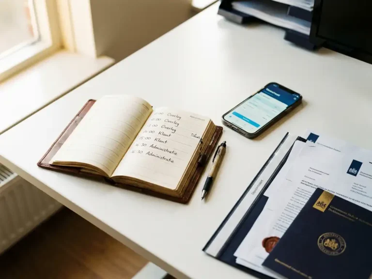 Wit bureau met open leren agenda, smartphone met urenregistratie-app en stapel Nederlandse juridische documenten met overheidszegets