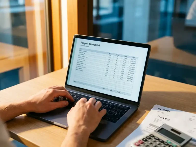 Laptop met gedetailleerd projecturenformulier op houten bureau naast facturen en rekenmachine, warme natuurlijke verlichting