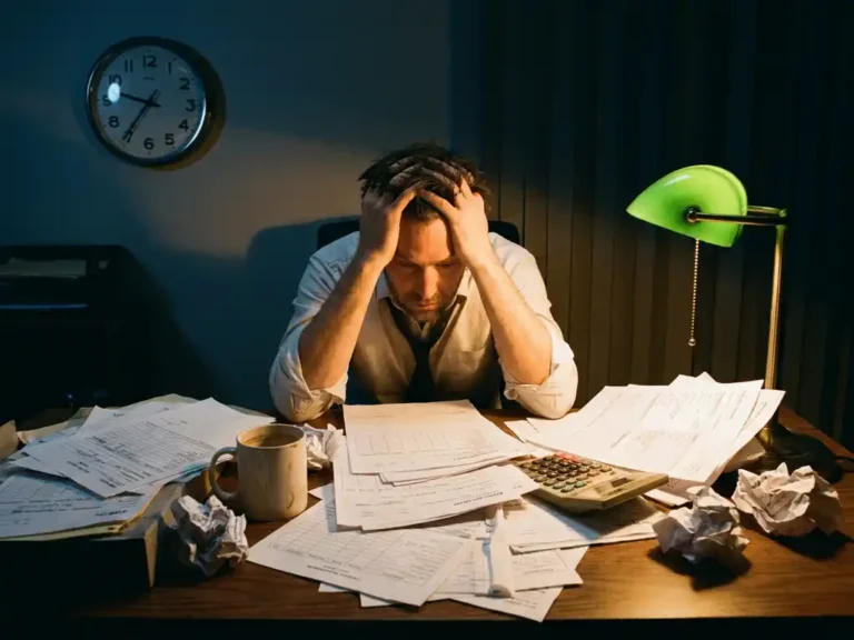 Gefrustreerde ondernemer kijkt naar hoge stapel papieren urenstaten op rommelig bureau met klok, koffiekop en calculator