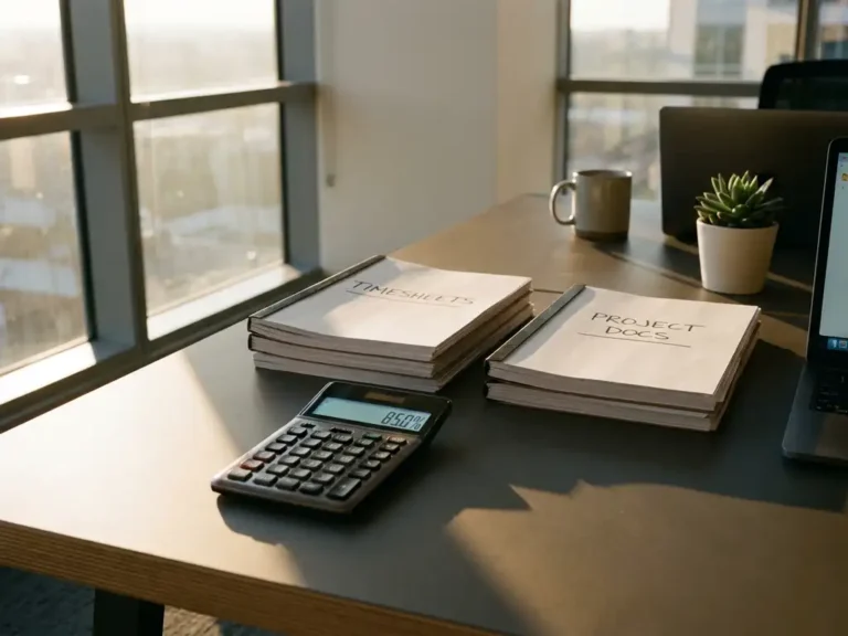 Calculator met percentagecijfers op bureau naast nette stapels werknemerstijdregistraties en projectdocumentatie, zachte natuurlijke belichting
