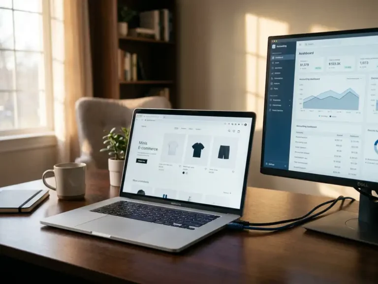 Laptop met webshop interface en boekhoudsoftware dashboard op houten bureau in natuurlijk verlichte werkruimte