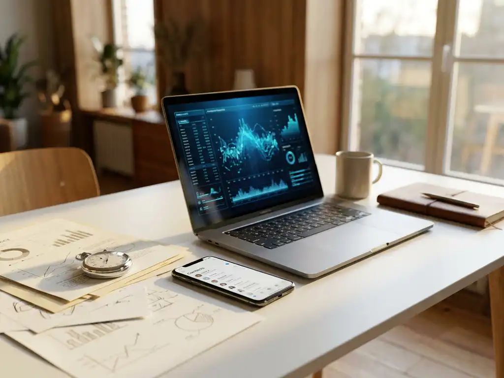 Modern bureau met laptop met datavisualisatie, smartphone met contactgegevens naast analoge stopwatch, projectdocumenten verspreid