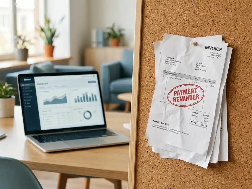 Stapel achterstallige facturen op kantoorprikbord, één gestempeld met rode betalingsherinnering, laptop met financieel dashboard op de achtergrond.