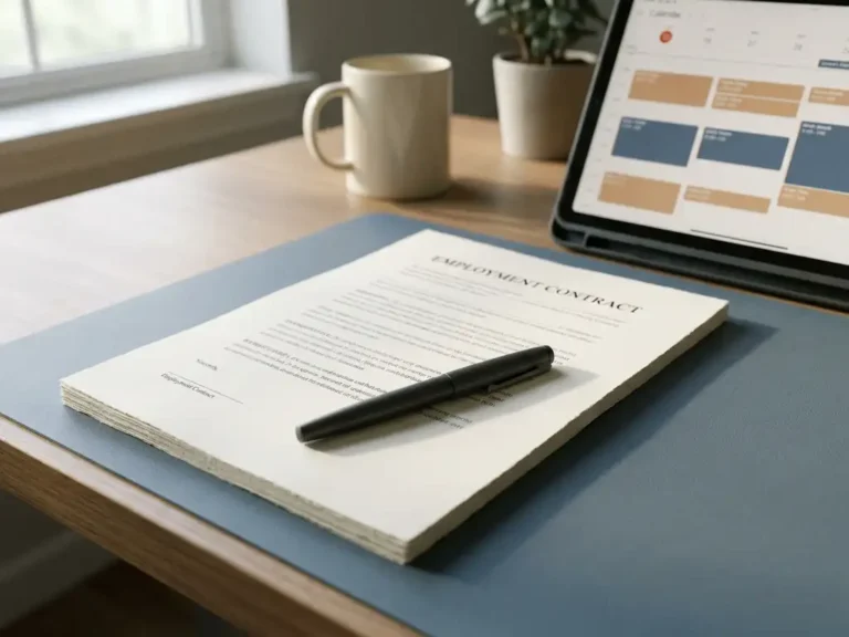 Arbeidscontract op modern bureau met pen en tablet met planningskalender in warm natuurlijk licht.