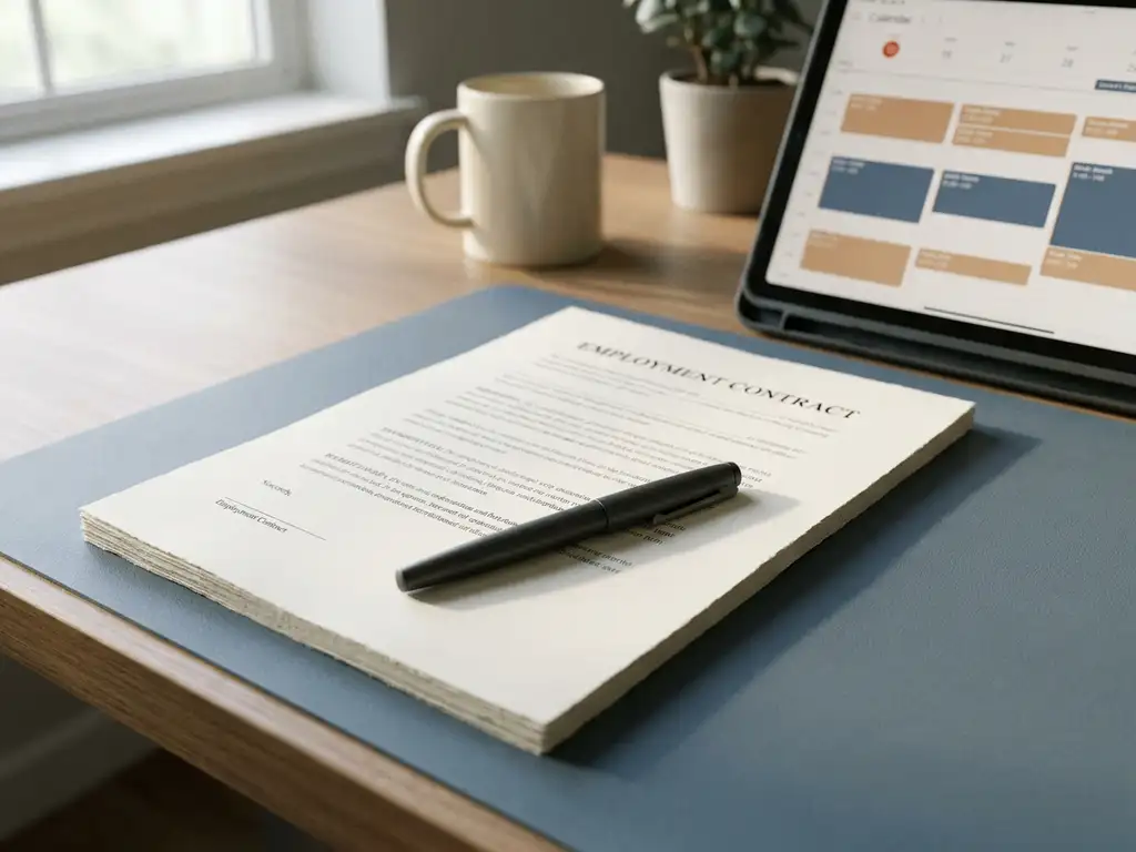 Arbeidscontract op modern bureau met pen en tablet met planningskalender in warm natuurlijk licht.