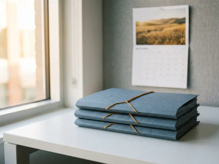 Drie identieke arbeidscontractmappen gestapeld op een modern bureau, met een kalender aan de grijze muur en warm natuurlijk licht.