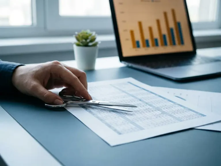 Ondernemer houdt schaar boven financiële spreadsheet op bureau, met laptop met budgetgrafieken en potplant op de achtergrond.